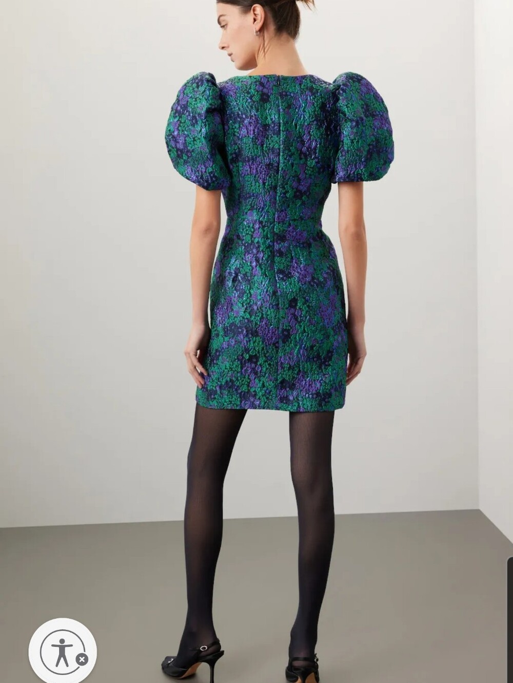 Donna Morgan Textured Puff-Sleeve Mini Dress in Green & Purple. Sz.16 New - Picture 3 of 6